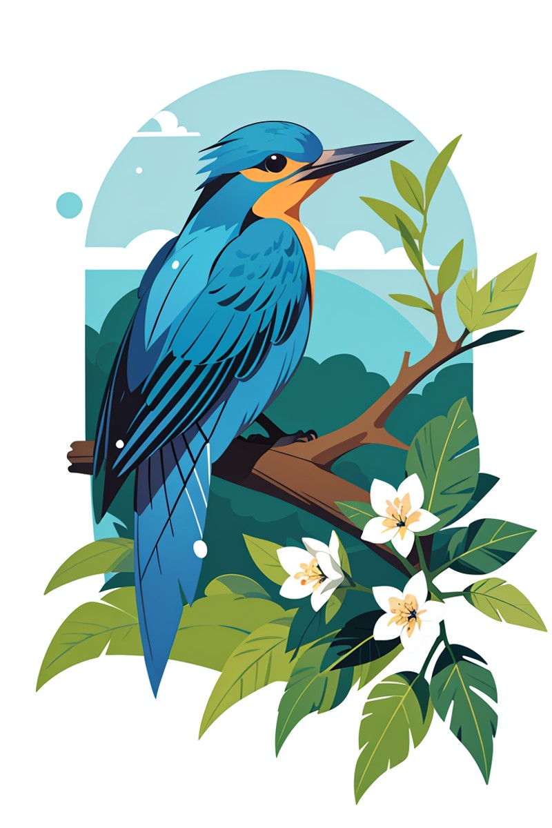 410812-3124451026-flat vector art,vector illustration, (best quality, masterpiece), superb kingfisher on a branch near budding white cherry flower.png